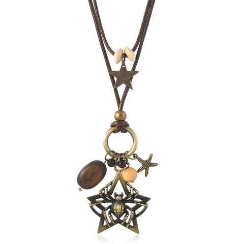 Retro Bohemian Spider Pendant Necklace For Women Handmade Wood Bead Star Long Sweater Chain Ethnic Jewelry Brown