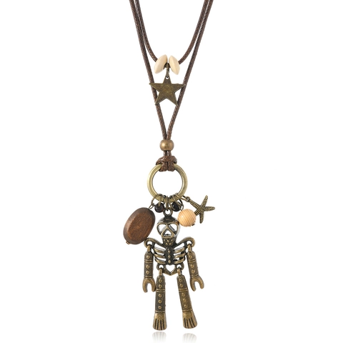 Retro Punk Skelett Roboter Anhänger Lange Halskette Vintage Gothic Zinklegierung Holzperle Wachskordel Halloween Schmuck Unisex