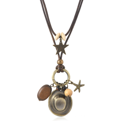 Vintage Western Cowboy Long Pendant Necklace Alloy Wood Bead Braided Waxed Cord Bohemian Star Hat Ethnic Jewelry For Women
