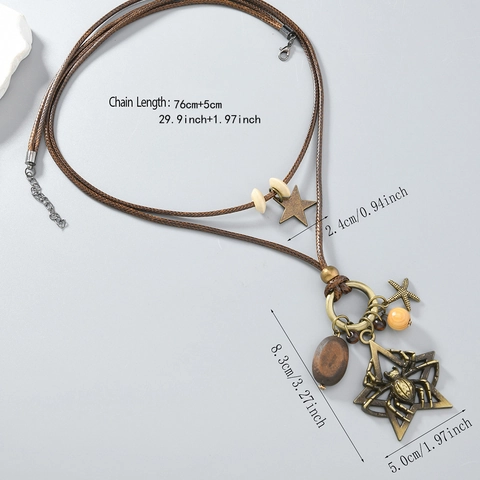 Retro Bohemian Spider Pendant Necklace For Women Handmade Wood Bead Star Long Sweater Chain Ethnic Jewelry Brown