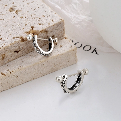 Vintage 925 Sterling Silver C-Shaped Threaded Hoop Earrings For Women Thai Silver Gothic Cross Floral Embossed Screw Back Jewelry
