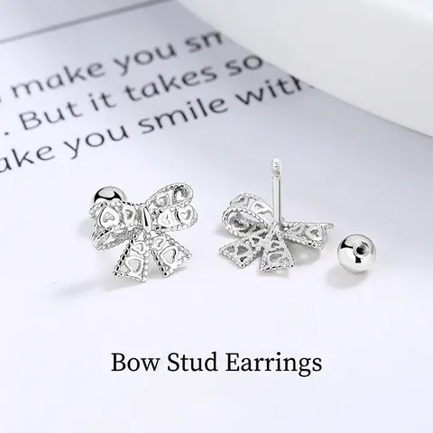 925 Sterling Silver Bowknot Stud Earrings For Women Hollow Heart Design Screw Back Ball Small Sweet Jewelry