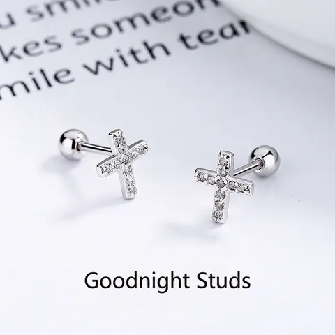 Minimalist 925 Sterling Silver Cross Stud Earrings With Rhinestone Pave Design Screw Back Ball Bone Stud Earrings For Women Jewelry