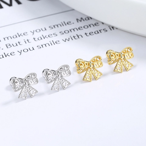 925 Sterling Silver Bowknot Stud Earrings For Women Hollow Heart Design Screw Back Ball Small Sweet Jewelry