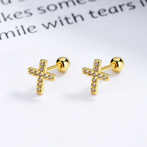 Minimalist 925 Sterling Silver Cross Stud Earrings With Rhinestone Pave Design Screw Back Ball Bone Stud Earrings For Women Jewelry