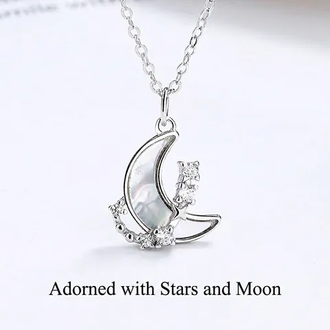 925 Sterlingsilber Mond Anhänger Halskette Mit Weißer Perlmutt Einlage Strass Akzent Schlüsselbeinkette Damen Schmuck Geschenk