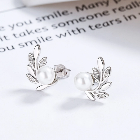 Elegante 925 Sterling Silber Olivenzweig Blatt Ohrstecker Mit Künstliche Perle Strass Minimalistischer Schmuck Für Damen