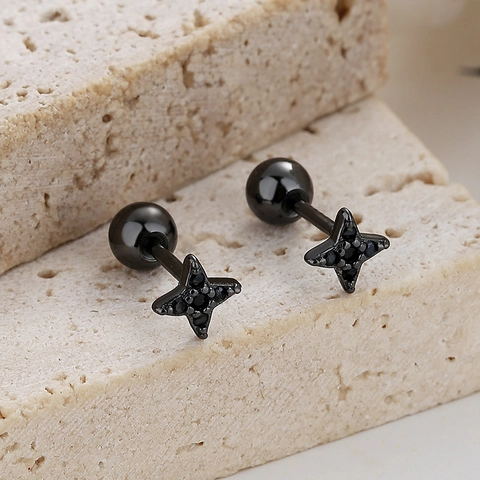Gothic 925 Sterling Silver Stud Earrings Black Rhinestone Star Cross Anchor Pattern Screw Back Unisex Fashion Jewelry