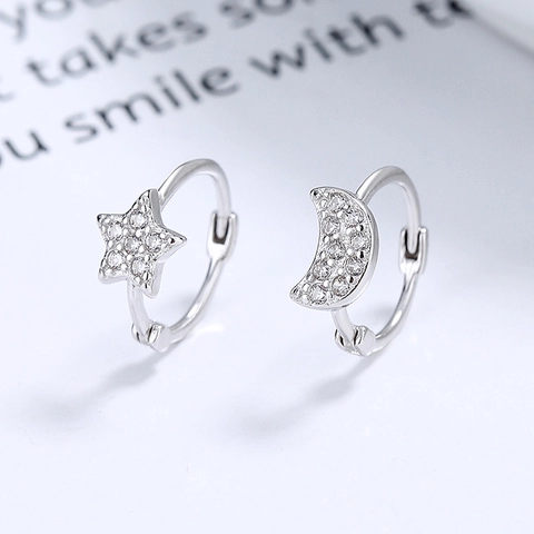 Orecchini a Cerchio Asimmetrici in Argento Sterling 925 Con Stella e Luna e Strass Gioielli INS Semplici Regalo Donna