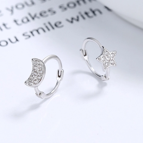 Orecchini a Cerchio Asimmetrici in Argento Sterling 925 Con Stella e Luna e Strass Gioielli INS Semplici Regalo Donna
