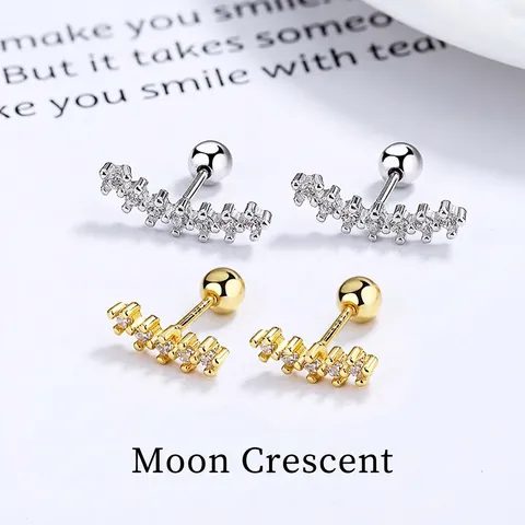 Orecchini a Bottone in Argento Sterling 925 Barra Curva Strass Minimalista Fila di Strass Chiusura a Vite Donna Gioielli
