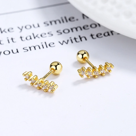 Orecchini a Bottone in Argento Sterling 925 Barra Curva Strass Minimalista Fila di Strass Chiusura a Vite Donna Gioielli