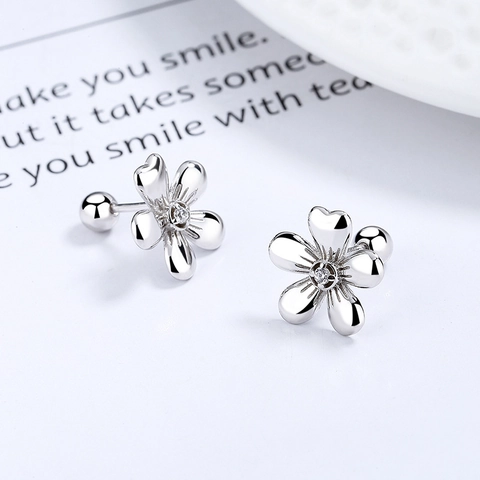 925 Sterling Silver Flower Stud Earrings For Women Minimalist Rhinestone Inlay Screw Back Ball Closure Daily Fashion Jewelry
