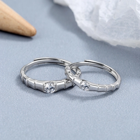 Anillos de Pareja de Plata de Ley 925 Diseño de Bambú Minimalista Anillos Abiertos Ajustables Con Strass Para Hombre Mujer Joyería