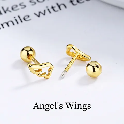 925 Sterling Silver Angel Wing Screw Back Stud Earrings For Women Minimalist Small Dainty Sleeping Earrings Gold Silver Jewelry