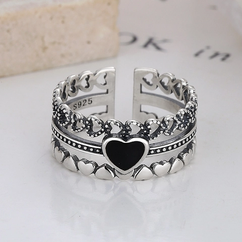 Bague Cœur en Argent Sterling 925 Vintage pour Femmes Argent Thaïlandais Oxydé Trois Couches Creux Ajustable Anneau Ouvert Bijoux Cadeau