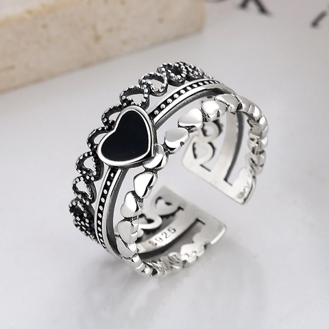 Bague Cœur en Argent Sterling 925 Vintage pour Femmes Argent Thaïlandais Oxydé Trois Couches Creux Ajustable Anneau Ouvert Bijoux Cadeau