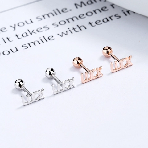 Orecchini a Bottone in Argento Sterling 925 con Lettera LUCK Orecchini Minimalisti a Vite per Donna Ragazze Gioielli Ipoallergenici