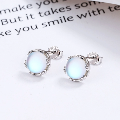 925 Sterling Silver Moonstone Stud Earrings For Women Iridescent Round Stone Mermaid Tears Niche Luxury Design Fashion Jewelry