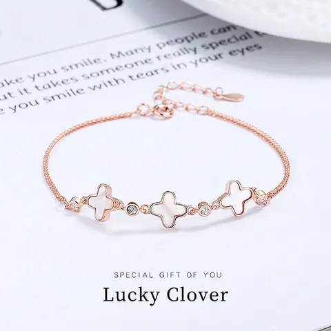 Pulsera Trébol de Cuatro Hojas de Plata de Ley 925 para Mujer Madreperla Ágata Diamantes de Imitación Cadena Ajustable Joyería