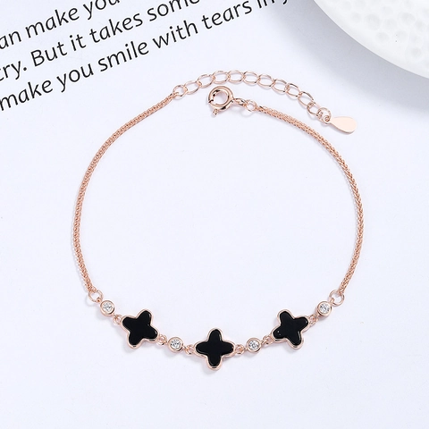 Pulsera Trébol de Cuatro Hojas de Plata de Ley 925 para Mujer Madreperla Ágata Diamantes de Imitación Cadena Ajustable Joyería