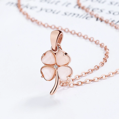 Elegante Collar de Plata de Ley S925 con Colgante de Trébol y Piedra de Ojo de Gato para Mujer Chapado en Oro Rosa Strass Joyería