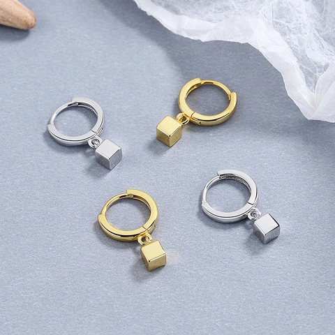925 Sterling Silver Cube Drop Earrings For Women Minimalist Geometric Square Hoop Earrings Tiny Cube Dangle Earrings Jewelry Gift