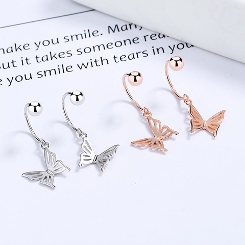 925 Sterling Silver Butterfly Bow Stud Earrings For Women Hollow Out U-Shaped Screw Back Ear Hook Rose Gold Silver Rhinestone Jewelry