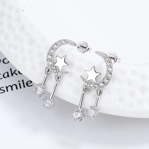 925 Sterlingsilber Stern Mond Quaste Ohrstecker Für Damen Glänzende Strass Eingelegte Ohrhänger Elegante Schmuck Zubehör