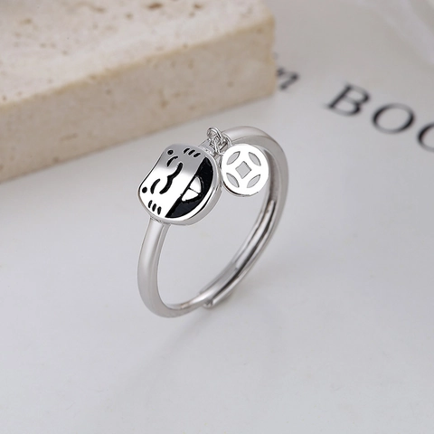 Vintage 925 Sterling Silver Lucky Cat Open Ring For Women Adjustable Maneki-Neko Coin Pendant Retro Thai Silver Finger Ring Jewelry