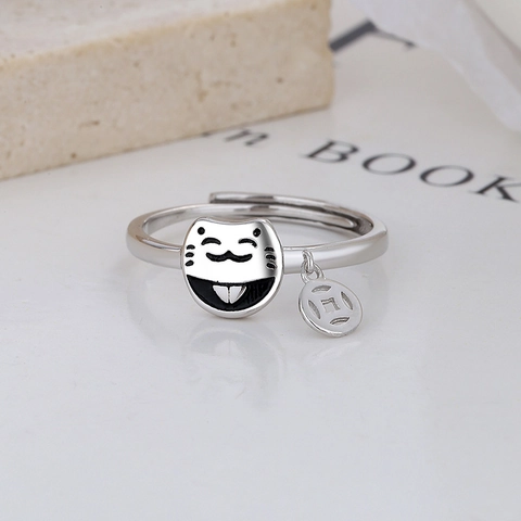 Vintage 925 Sterling Silver Lucky Cat Open Ring For Women Adjustable Maneki-Neko Coin Pendant Retro Thai Silver Finger Ring Jewelry