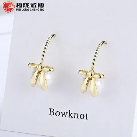 Schleife Künstliche Perle Ohrhänger 925 Sterlingsilber Ohrstecker-Stift Elegant Süß Schmuck Für Damen Gold Silber Überzogen Hochzeit Zubehör