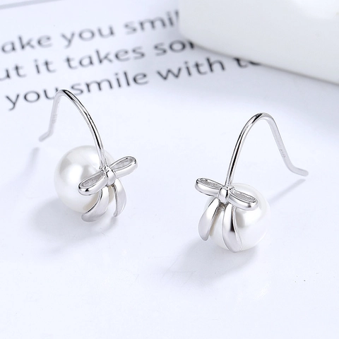 Schleife Künstliche Perle Ohrhänger 925 Sterlingsilber Ohrstecker-Stift Elegant Süß Schmuck Für Damen Gold Silber Überzogen Hochzeit Zubehör