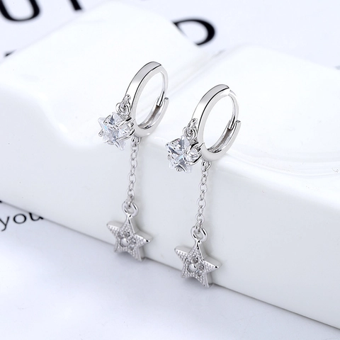 Pendientes de Gota con Borla de Estrella de Plata de Ley 925 para Mujer Cadena Larga Diamantes de Imitación Joyería de Moda