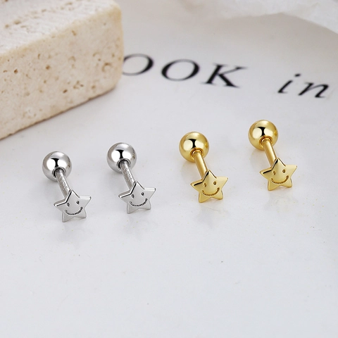 Boucles d'Oreilles Puces Étoile Souriante en Argent Sterling 925 pour Femme Petite Étoile avec Fermoir à Vis Bijoux Fins