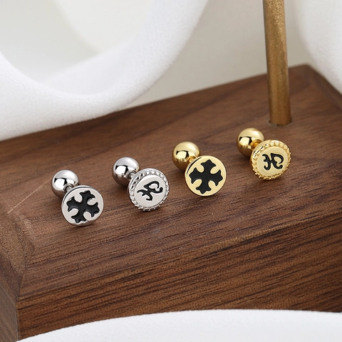 925 Sterling Silver Cross Screw Back Stud Earrings Minimalist Gothic Black Enamel Geometric Ear Bone Nail For Women Jewelry