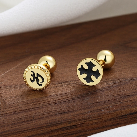 925 Sterling Silver Cross Screw Back Stud Earrings Minimalist Gothic Black Enamel Geometric Ear Bone Nail For Women Jewelry