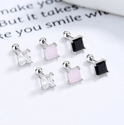 925 Sterling Silver Square Rhinestone Screw Back Stud Earrings For Women Minimalist Geometric Ear Bone Nail Piercing Jewelry