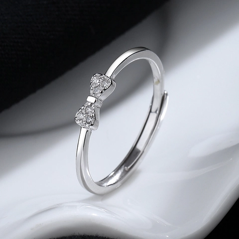 925 Sterling Silver Bow Knot Adjustable Ring For Women Minimalist Rhinestone Inlaid Fashion Jewelry Hand Decoration Accessory