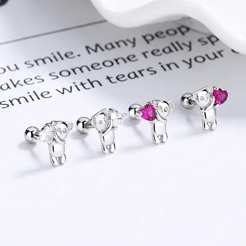 Simpatici Orecchini a Bottone a Forma di Cuore Koala in Argento Sterling 925 per Donna Gioielli con Strass Animali con Chiusura a Vite