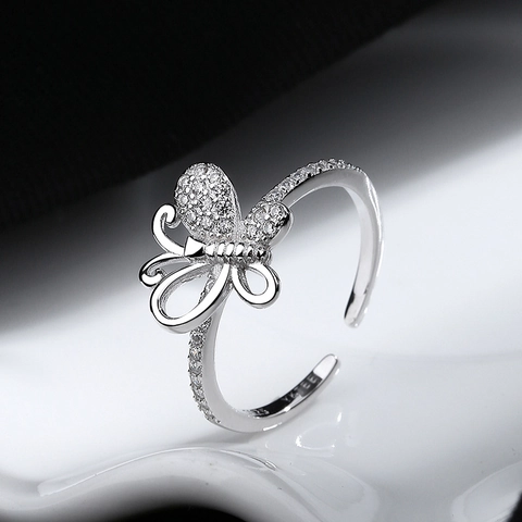 Women 925 Sterling Silver Butterfly Bowknot Open Ring Shiny Rhinestone Adjustable Finger Ring Fashion Exquisite Niche Jewelry