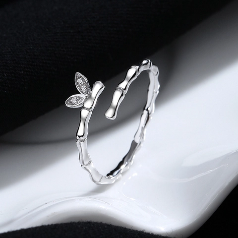 Minimalist 925 Sterling Silver Bamboo Open Ring For Women Adjustable Leaf Rhinestone Niche Design Sweet Finger Ring Jewelry