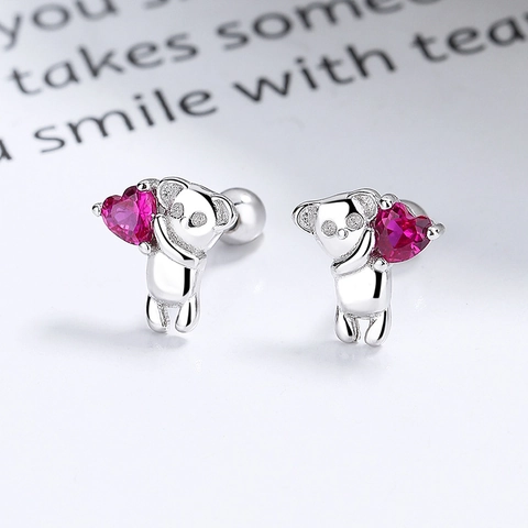 Simpatici Orecchini a Bottone a Forma di Cuore Koala in Argento Sterling 925 per Donna Gioielli con Strass Animali con Chiusura a Vite