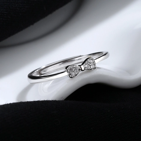 925 Sterling Silver Bow Knot Adjustable Ring For Women Minimalist Rhinestone Inlaid Fashion Jewelry Hand Decoration Accessory