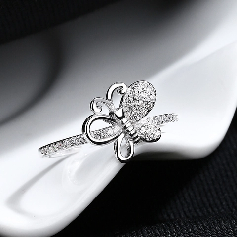 Women 925 Sterling Silver Butterfly Bowknot Open Ring Shiny Rhinestone Adjustable Finger Ring Fashion Exquisite Niche Jewelry