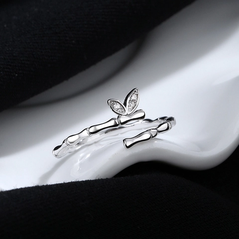 Minimalist 925 Sterling Silver Bamboo Open Ring For Women Adjustable Leaf Rhinestone Niche Design Sweet Finger Ring Jewelry