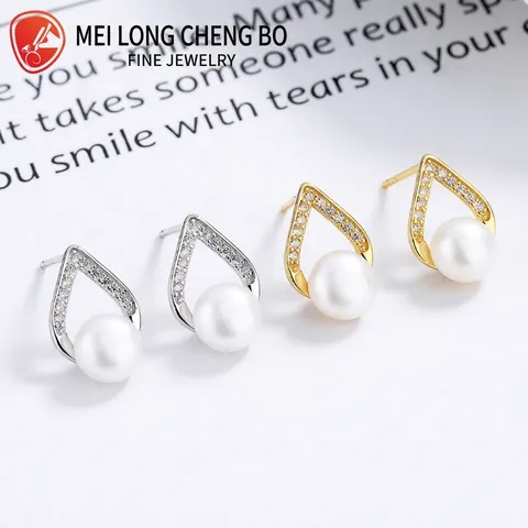 Boucles d'Oreilles Clous en Argent Sterling S925 en Forme de V avec Perle Artificielle pour Femme Strass Style Coréen