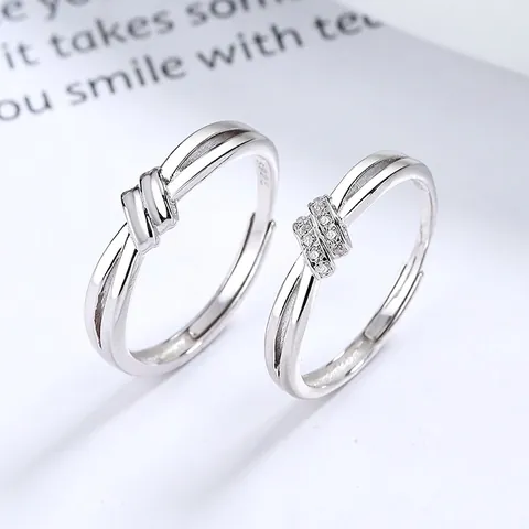 925 Sterling Silver Knot Couple Rings Adjustable Open Rings For Women Men Minimalist Engagement Jewelry Rhinestone Inlaid Jewelry