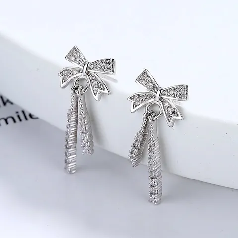 Pendientes de Botón con Lazo y Borla de Plata de Ley 925 para Mujer Pendientes de Lazo con Diamantes de Imitación Joyería