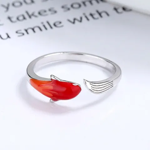 Anello Regolabile Aperto in Argento Sterling 925 Pesce Koi Fortunato Smalto Rosso Arancione Design Animale Gioielli Regalo Donna